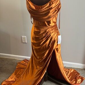 Bridal Babes Copper-Orange Satin Strapless Cowl Maxi Dress